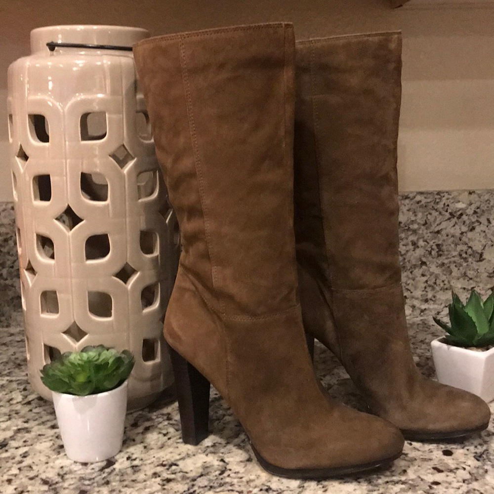 Nine West Faux suade tan mid calf heeled boots
